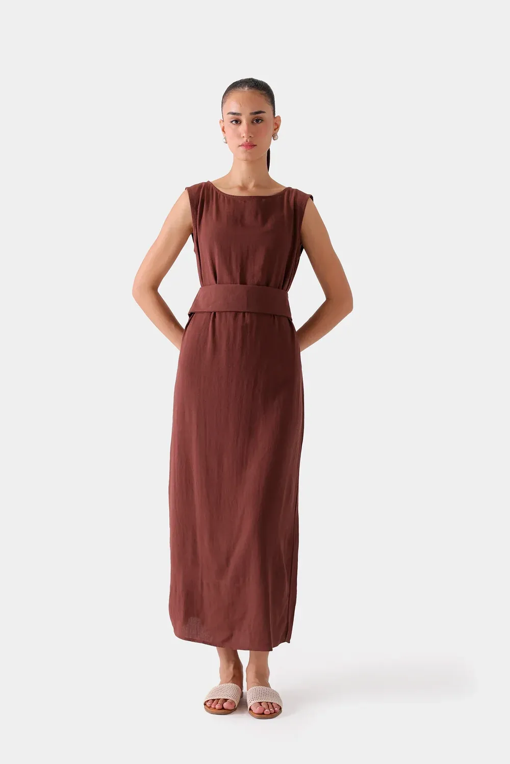 Cocoa Brown Belted Maxi Dress — Front