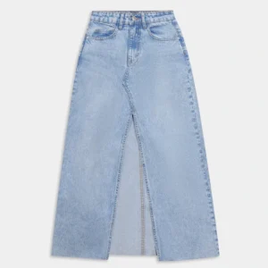 Blue Split-Front Denim Maxi Skirt — front