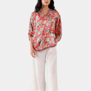 Coral Floral Relaxed Tunic Top — model
